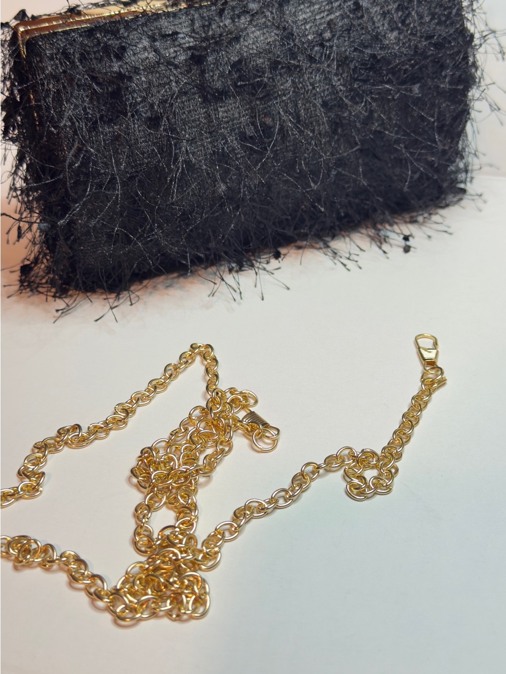 Textured Faux Fur Black Evening Clutch Gold Hardware with Removable Chain Strap